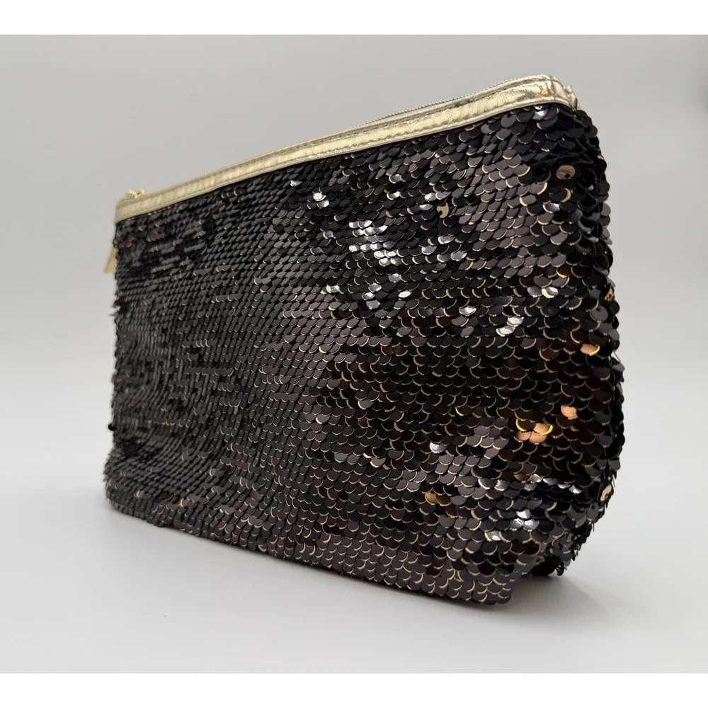 Lancome Paris Black Sequin Makeup Bag Gold‎ Trim Cosmetic Pouch Clutch